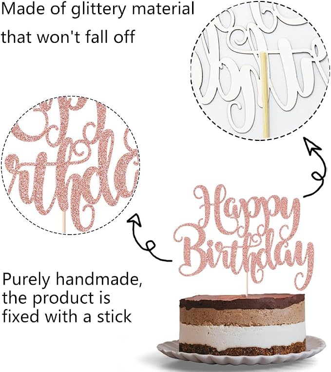 Happy Birthday Cake Topper- Glitter Happy Birthday Cake Decor, Handmade Anniversary/Birthday Party Supplies (Rose gold)