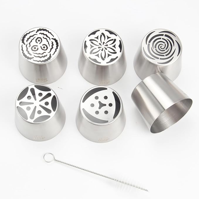 Extra Large Russian Piping Tip Set - 6 Stainless Steel Marshmallow Buttercream Framing Nozzles for 3D Roses Tulip Cake Decorations and Marshmallow Bouquets, Includes 1 Cleaning Brush(6D)