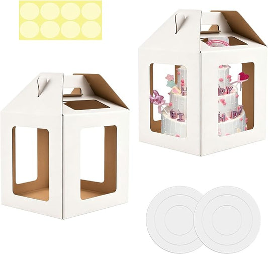 Cake Boxes - 2 Pack Tall Cake Box 12x12x14 Inch Disposable Layer Carrier with 6 Window Large Tierd Cake Out Transport Containers with Handle for Wedding, Birthday, Party