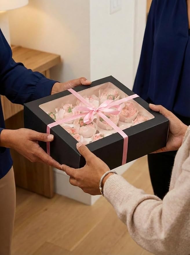 qiqee Auto-pop Up Cupcake Boxes with Window Black 40PCS 12 Count Cupcake Box 13"x10"x3.5" Cupcakes Carrier, 12 Cupcake Containers with 2 rolls of pink ribbons
