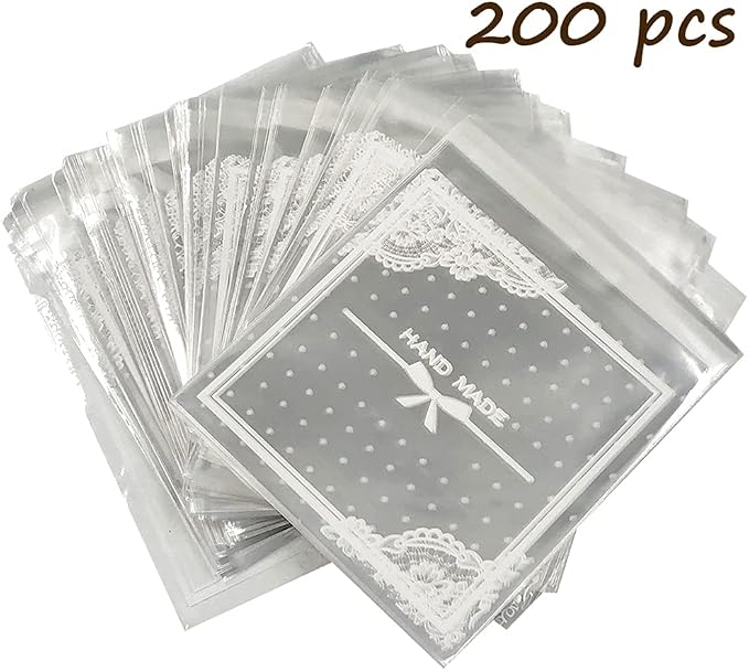 200pcs Clear Lace Bowknot Self-Adhesive Treat Bags – Elegant Cellophane Cookie & Candy Bags for Bakery, Wedding & Party Favors