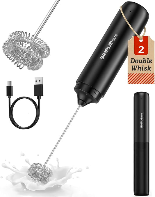 SIMPLETASTE Milk Frother Handheld Electric Foam Maker, Drink Mixer with Stainless Steel Whisk for Cappuccino, Bulletproof Coffee, Latte, Black, without Stand, USB-C Rechargeable