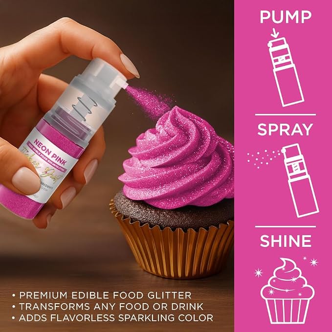 Bakell - Neon Pink Tinker Dust (4g, 1x Mini Spray Pump) Edible Glitter for Food, Desserts, and Baked goods!