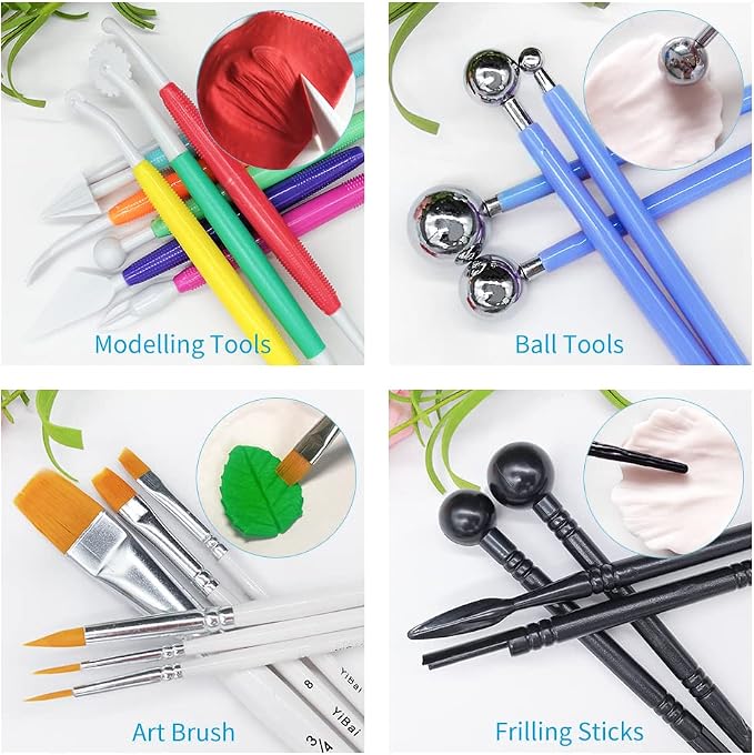 Gum Paste Flower and Leaf Tools Kit 10 Sugar Flower Modelling Tools 6 Cake Brush 4 Flower Petals Ball Tools 4 Frilling Stick 1 Fondant Flower Veining Board 1 Foam Pad 1 Silicone Mat 1 Rolling Pin