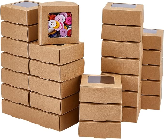 BENECREAT 60 Pack Square Clear Window Box, Brown Kraft Paper Container Party Favor Packaging Boxes, 3x3x1.2inch Foldable Design with Visible PVC Window for Wedding Treats & Crafts