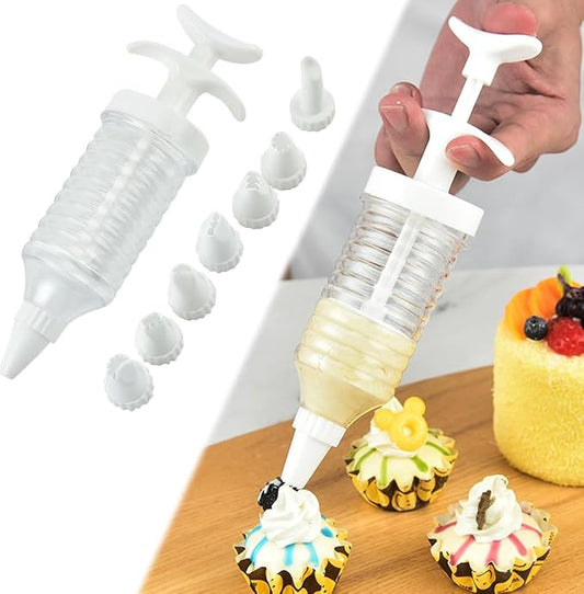 Professional Cake Decorating Kit, Piping Nozzle with Syringe, 8 Plastic Pastry Tips, Icing Tube for Cupcakes
