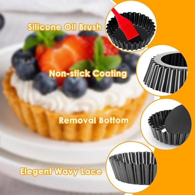 4 Pack 4 Inch Mini Tart Pans with Removable Bottom, 1.2 Inch Deep Nonstick Mini Pie Pans Quiche Pan Round, Tart Pans Bakeware Mold Fluted Side for Pies with Oil Brush&Silicone Scrubber