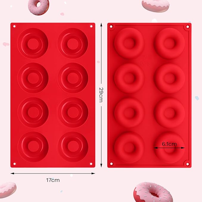 2er Pack Silicone Donut Mold - Non-Stick Silicone Doughnut Pan DIY Chocolate Baking Cookie Molds, Heat Resistant, Make Donut Cake Biscuit Bagels, BPA Free Dishwasher Safe (red, 8 Cavities)