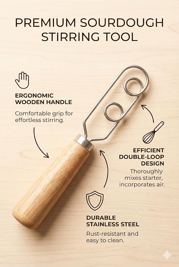 Sourdough Starter Stirring Hook and Danish Dough Whisk | Small Size to Fit in Jars | Improve the Mixing Standard Of Your Starter For Better Baking Results | New England Sourdough Starter Co.