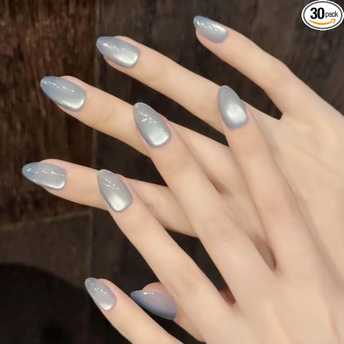 30Pcs French Press on Nails Short Almond ZWENJIE Cat Eye Fake Nails Press ons Nail Tips Stick on Nails Glossy Acrylic Nails Kit False Nails with Classic Red Design Nail Art for Women Glitter Manicure