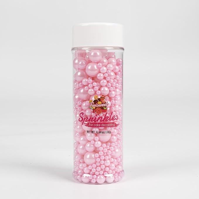 Twisweet Pink Pearl Sprinkles for Cake Decorating, Edible Sugar Pearls for Baking, Mix Size, Cake Topper Cupcake Cookie Ice Cream Dessert Decorations, Baby Shower Wedding Birthday Valentine Supplies (130g/4.58oz)