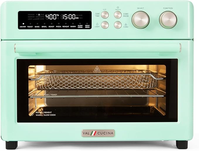 VAL CUCINA Retro 26.3 QT Infrared Heating Air Fryer Toaster Oven, Large Countertop Convection Oven 10-in-1 Combo, 6-Slice Toast, Enamel Baking Pan Easy Clean with Recipe Book