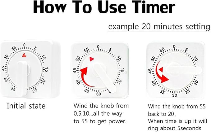 2 Kitchen Timer : Square 60 Minute Mechanical Visual Cooking, Time Management Tools Hour Manual Countdown Timer with Alarm for Kitchen,Baking, Exercise Auto Off No Batteries Required Black White