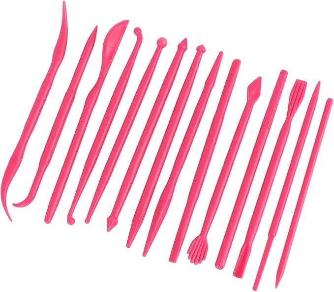 Plastic Clay Sculpting Set 14Pcs DIY Polymer Modeling Hand Tool Kit for Pottery Carving and Sculpture Shaping Soft Clay Fondant Cake Art Craft Pink Rose Red Yellow 4.7in (Rose Red)