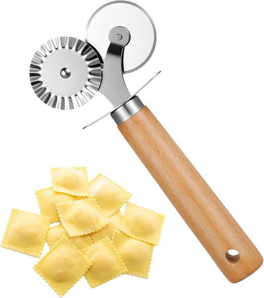 Oruola Pasta Wheel Cutter, Double Fluted Pastry Cutter Wheel,Double-Blade Ravioli Cutters,Stainless Steel Double Roller Dough Cutters with Wooden Handle for Pizza,Ravioli,Cookies