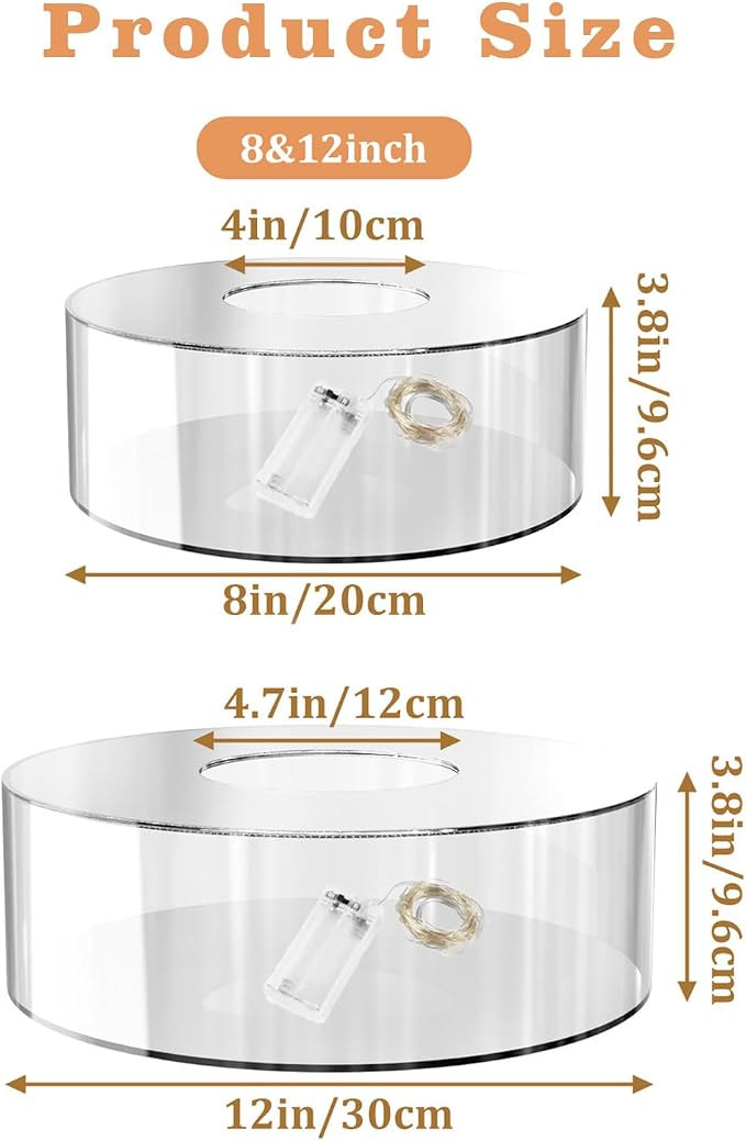 2 PCS Acrylic Clear Cake Stand Round 8 Inch 12 Inch Cake Display Stand with Lid Fillable Tier Cylinder Box for Wedding Birthday Baby Shower Party (8" & 12")