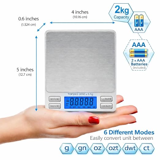 Smart Weigh Pro Digital Pocket Scale – 2000g x 0.1g Precision Gram Scale with LCD Display, 6 Weighing Units, Hold & Count Functions – Includes 2 Trays and Batteries (Silver) — Case of 40