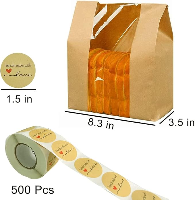 100 Pack Paper Bread Bags for Homemade Bread Large Loaf Bag with Clear Front Window 14" x 8.3" x 3.5" 500pcs Homemade with Love sticker, Food Packaging Storage Popcorn Cookie Treat Bakery Bag
