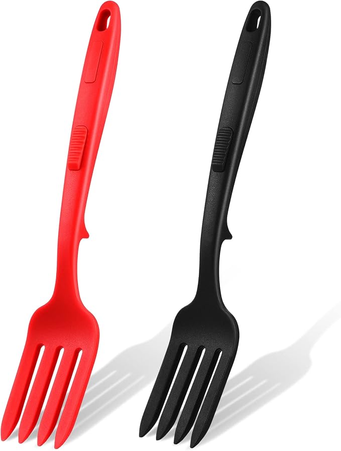 Mixweer 2 Pcs Silicone Flexible Fork 11.6 Inch Silicone Heat Resistant Cooking Fork Large Kitchen Non Stick Spork Ultimate for Mix Ingredients, Mash Food, Whisk Eggs, Baking(Red, Black)
