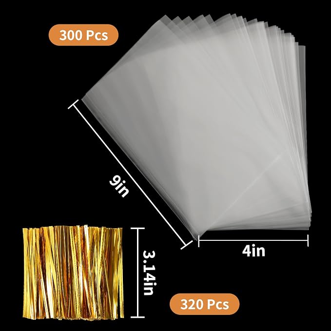 Augshy Cellophane Treat Bags,300Pcs 4x9 Inches Treat Cello Bag for lollipop | Clear Packaging Lollipop Bag with 320 Twist Ties, Individual Resealable OPP Plastic Bags for Candies,Dessert,Bakery, Cookies