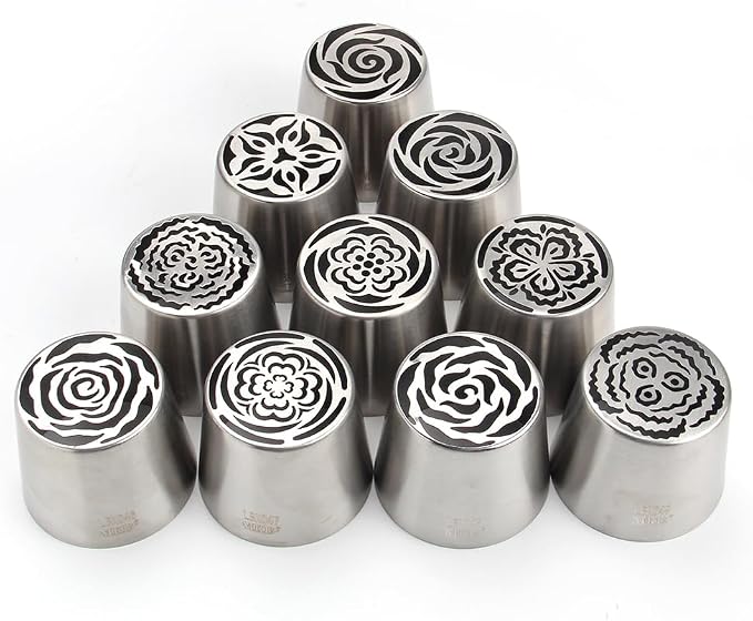 10 Pieces Extra Large Stainless Steel Seamless Russian Flower Piping Tips Kit for Marshmallow Bouquet,Cake Decorating Floral Icing Nozzles Set, 10 Icing Nozzles with 1 Clean Brush,1 Pastry Bag(XXL,A)