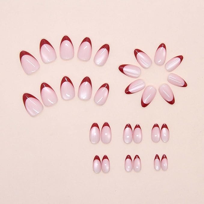 30Pcs French Press on Nails Short Almond ZWENJIE Cat Eye Fake Nails Press ons Nail Tips Stick on Nails Acrylic Nails Kit False Nails with Gradient Pink Tip Design Nail Art for Women Glitter Manicure