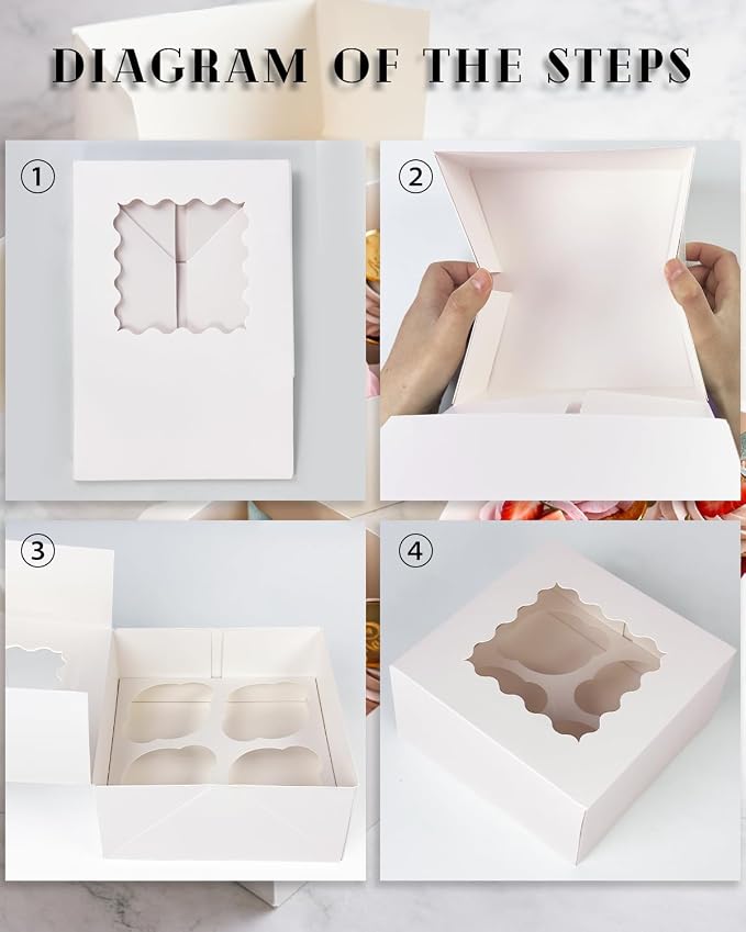 Bakepacker Auto-pop up 4 Cupcake Boxes with Window 20 Count White Box 6.3 x 6.3 x 3inch Cupcake Carrier