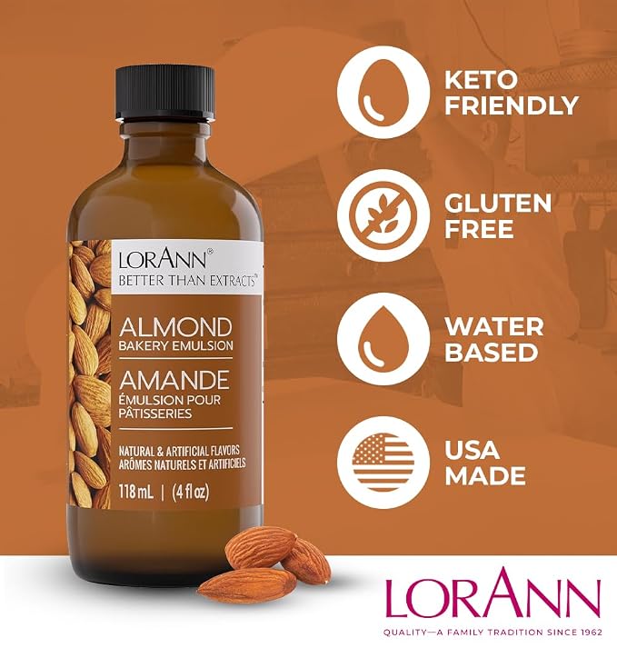 LorAnn Oils Almond Bakery Emulsion: True Essence, Ideal for Boosting Fruit Tones in Cakes, Cookies & Desserts, Gluten-Free, Keto-Friendly, Extract Substitute Essential for Your Kitchen, 4 Oz, 4 Pack