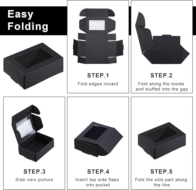 Zonon 30 Pcs Soap Boxes for Homemade Packaging, Mini Kraft Boxes with Window for Bakery Candy Soap Making Gift Packaging, 3.7x2.6x1.4 Inch (Black)