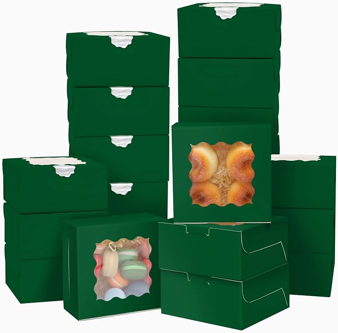 Bakepacker 60pcs Deep Green Bakery Boxes with Window 6x6x3 inches Thick & Sturdy Macaroon Pastry Boxes Cookie Boxes for Bakerys