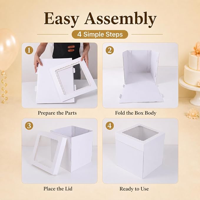 14x14x12 Inch White Corrugated Cake Boxes for 10-12 Inch Large Tiered Cakes | corrugated cake containers support for transit protection; 14x14 extra wide base fits oversized 10-12in tiered cakes