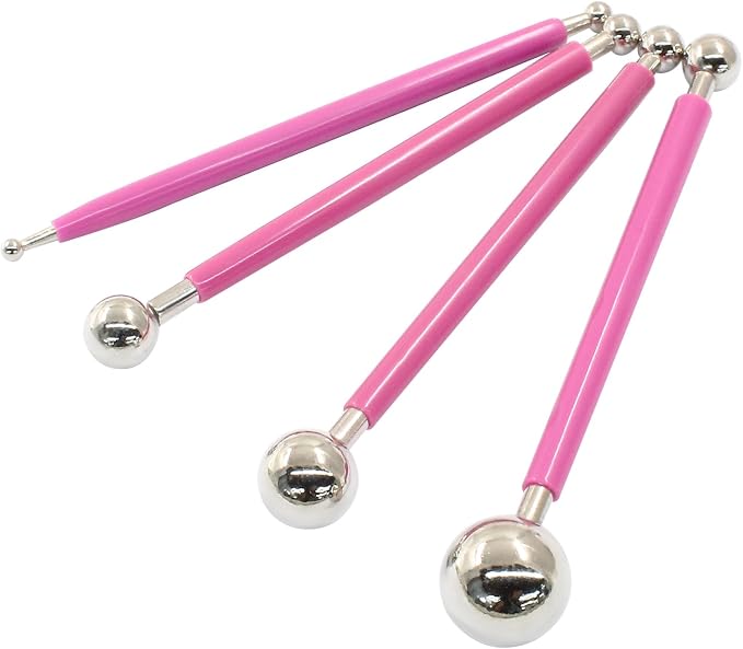4Pcs Pink Ball Shaped Cake Dotting Tool, 8 Head Fondant Ball Tool Stainless Steel Modeling Ball Tool, Metal Ball Mold Tool for Cake Decoration, Sculpting, DIY