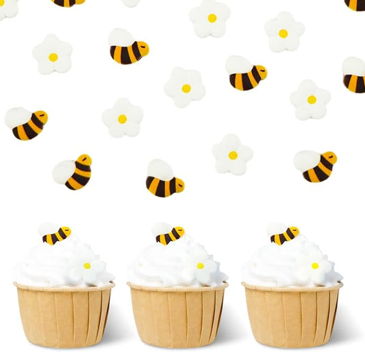 Edible FLower & Bee Cake Decorations, Royal Icing FLower for Cupcake Topper, Edible Bee Sprinkles Sugar for Cakes Cookies Chocolate Macarons Baking Spring Baby Shower Decoration, 39 pcs