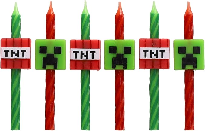 Minecraft Birthday Cake Candles | 6 Birthday Candles for Cake Decorations, Red & Green Striped Candles, Cake Toppers for Minecraft Party