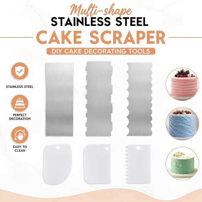 6PCS Stainless Steel Cake Scraper,Cake Decorating Comb Large Double Sided Patterned Edge Stripe Edge Cake Smoother Frosting Scraper for Mousse Butter Cream Decora(silver,Size:8.66inch/22cm)