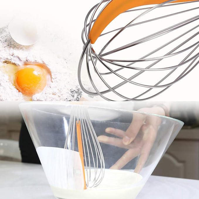 Silicone Wire Whisks Stainless Steel 12 inches Non Stick Orange Hand Dough Whisk Tiny Ballon Whisks for Cooking Matcha Tea Whisk with Spatulas