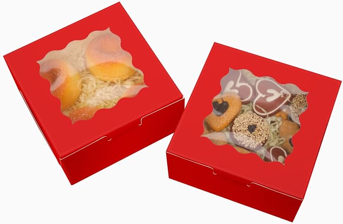 Bakepacker 60pcs Red Bakery Boxes with Window 6x6x3 inches Thick & Cookie Boxes & Sturdy Macaroon Pastry