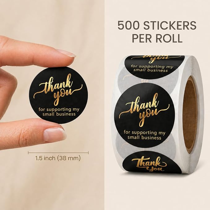 500 Thank You for Supporting My Small Business Stickers – 1.5 Inch Black and Gold Foil Round Labels – 4 Fonts – Waterproof Self-Adhesive Seals for Packaging, Envelopes, Boxes, Orders & Gift Bags