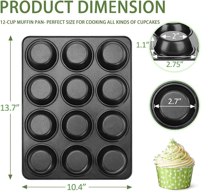 Herogo 12-Cup Nonstick Muffin Pan Tin for Baking, Metal Nonstick Cupcake Tray Set for Making Egg Muffin Quiches, Mini Brownie, Easy to Clean & Quick Release, Oven & Dishwasher Safe, Black