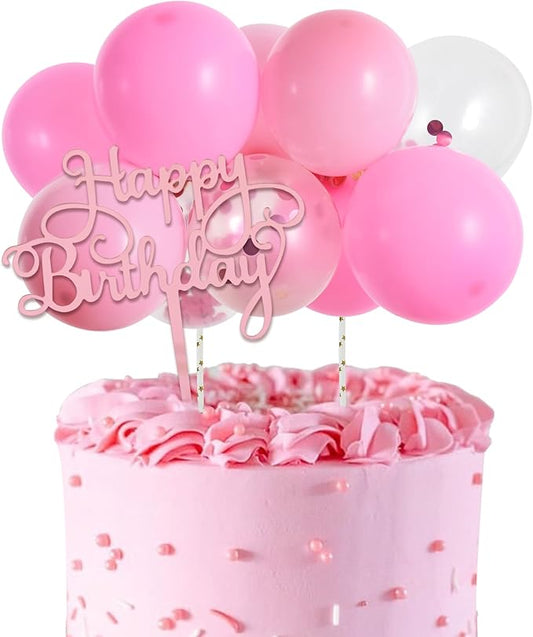 BEISHIDA Happy Birthday Cupcake Toppers - Pink Mini Balloon Cloud Birthday Cake Decorations for Valentines Wedding Anniversary Baby Shower Decorations