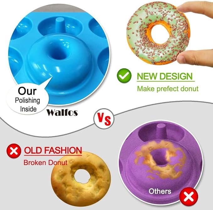 Walfos Full Size Silicone Donut Mold for Baking- 4 Inch Big Size Silicone Doughnut Pan Set for Donut Cake Biscuit Bagels, Heat Resistant, BPA FREE and Dishwasher Safe, Non-Stick, Just Pop Out! (4PK)