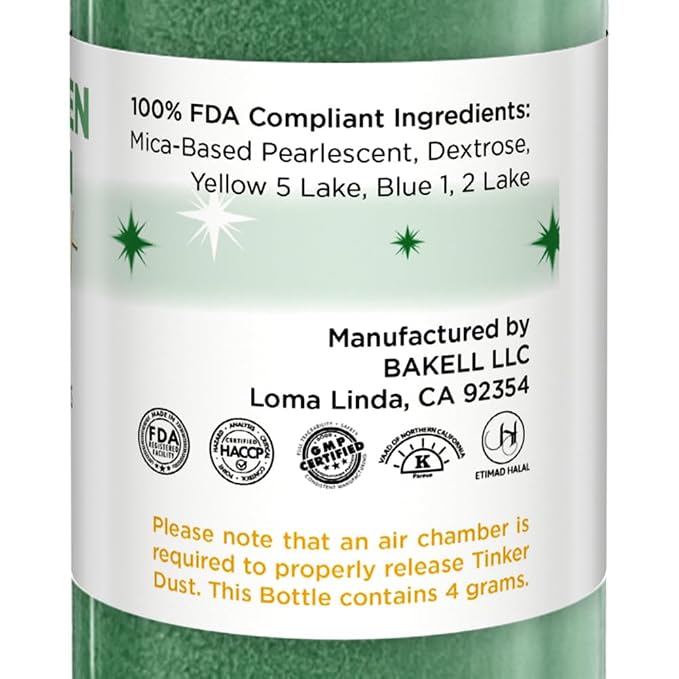 Bakell - Christmas Green Tinker Dust (4g, 1x Mini Spray Pump) Edible Glitter for Food, Desserts, and Baked goods!