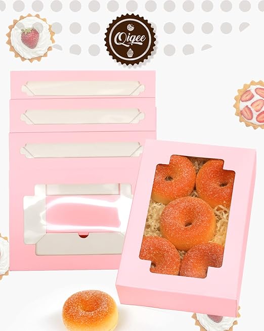 qiqee 50Packs Auto-pop Pink Cookie Boxes for Gift Giving 8x5.3x2 inch One Second Folding Pink Bakery Box with Window Treat Box for Donuts Candies and Biscuit