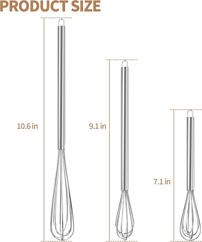3 PCS Mini Whisk, Small Whisks for Cooking - Stainless Steel Balloon Hand Whisk Set (11", 9", 7") for Baking, Beating Eggs & Batter | Rust-Resistant & Dishwasher Safe