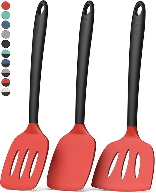 Coukre 3 Pack Silicone Spatula Set, High Heat Resistant, BPA-Free, Fish Spatula, Solid & Slotted Turner for Non-Stick Pans, Flipping Eggs, Pancakes, Fish, Burgers (3, RedBlack)