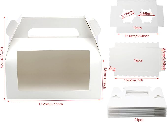 24pcs White Cupcake Boxes 6.8''x3.6''x3.1'' Clear Window Cake Paper Holders Cake Boards Disposable Tiered Handle Boxes Cake Containers Treat Boxes Gift for Party Wedding, Christmas | Food-grade cardboard bakery boxes with window. Rustic design for gift...