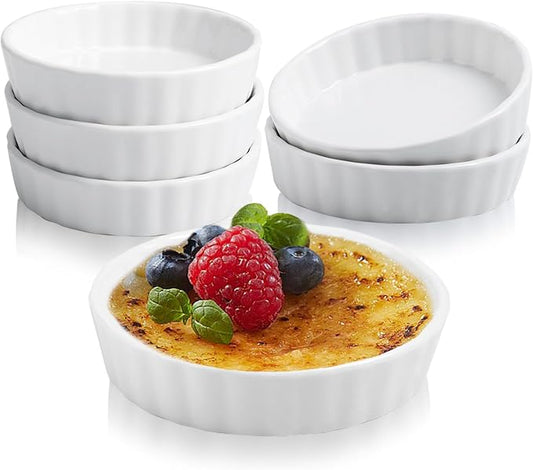 8 oz Creme Brulee Ramekins,6 Pack Porcelain Ramekins Oven Safe,Round Fluted Quiche Dishes,Mini Tart Pans for Baking Souffle,Mini Pies,Dipping Sauces,Tart