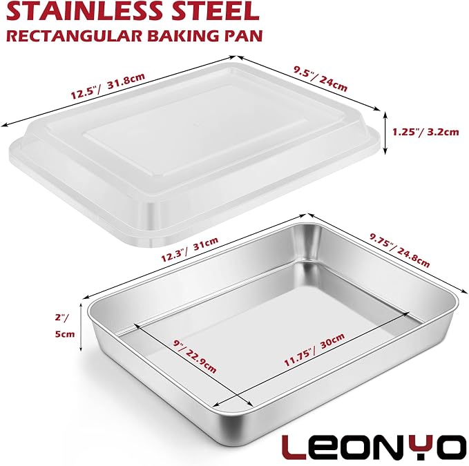 Leonyo 12⅓ x 9¾ x 2 Inch Baking Pan with Lid, Stainless Steel Cake Pan for Baking, Refrige & Oven Safe Rectangular Deep Lasagna Pan Tray for Focaccia, Bread, Brownies, Casseroles
