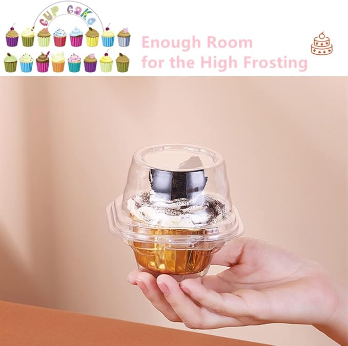 i-CHONY Individual Cupcake Container,100 pcs Cupcake Holder with Dome Lid,Disposable Clear Single Cupcake Holders Cases Boxes for Muffin,Cookies,Desserts,Hot Cocoa Bombs,Mini Bundt Cakes