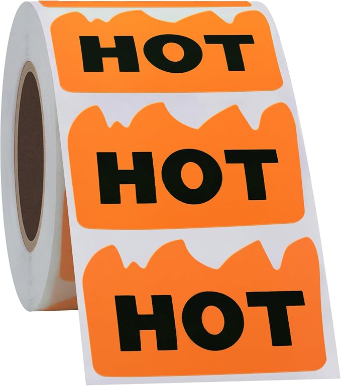 Hybsk 500pcs Rave Hot Stickers 2 x 1-1/5 Inch Fluorescent Hot Flame Fire Shape Labels Marking Items for Restauresent Supermarkets Stores Shops (Fluorescent Orange)
